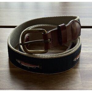 Leather Man Ltd Mens Belt 40 Fish Print Canvas Leather Brass USA Distressed READ